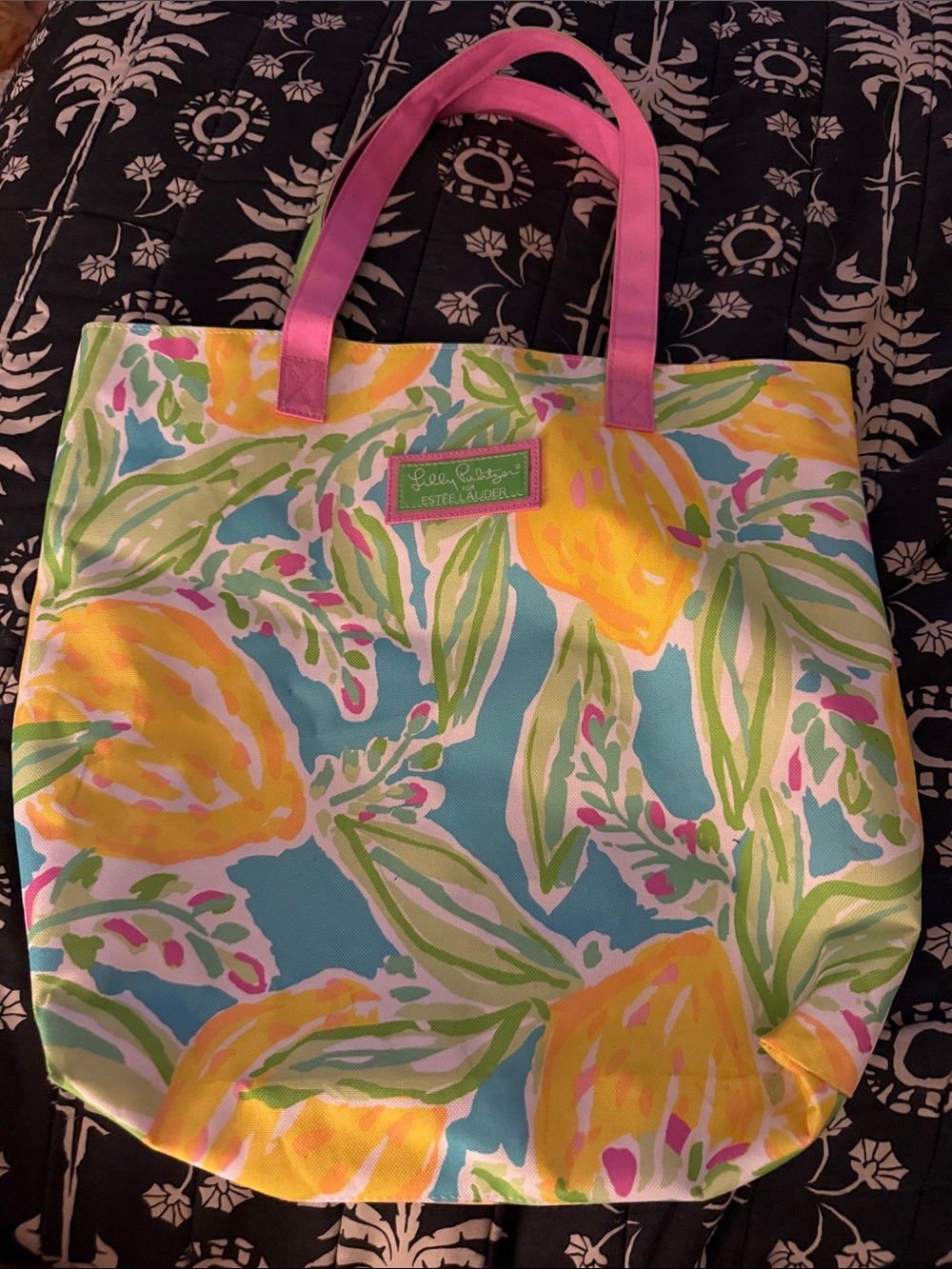 LillyPulitzer for Estée Lauder Yellow Floral Canvas Tote with Pink/Green Handles